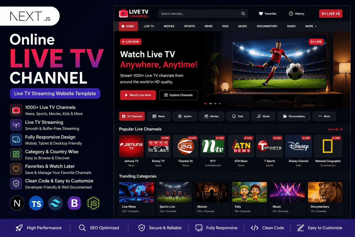 Live TV Channel – Next.js Online Live Streaming & TV Channel Website Script