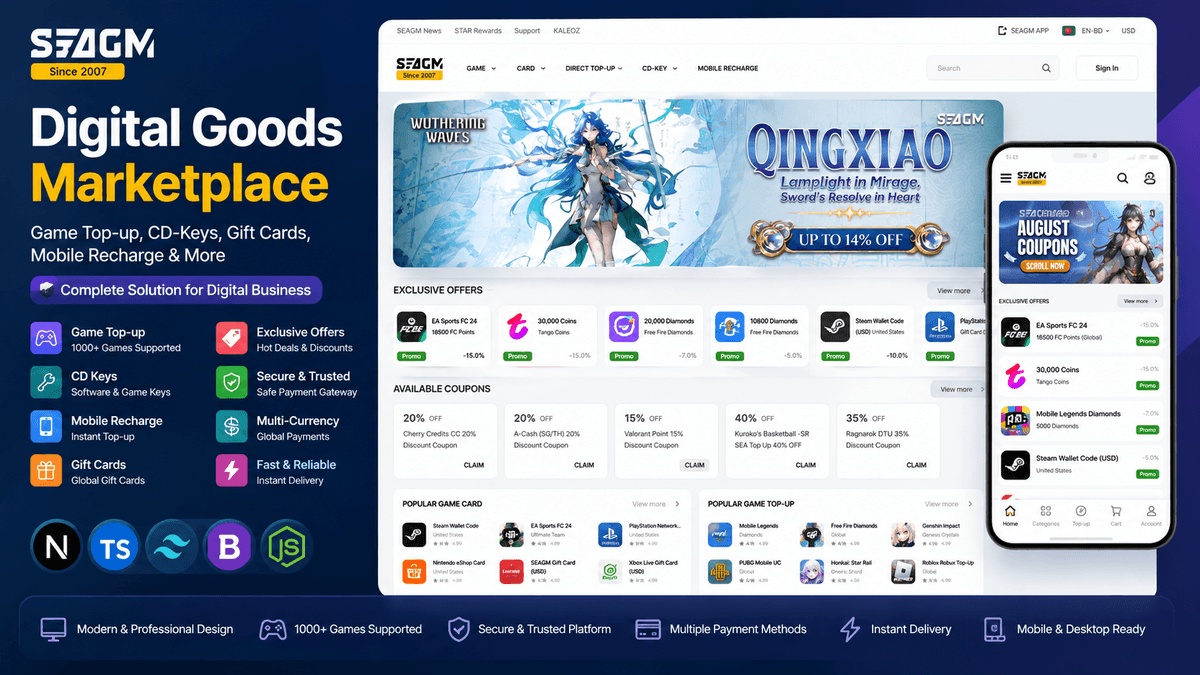 SEAGM – Next.js Digital Goods Marketplace, Game Top-Up & Gift Card Script