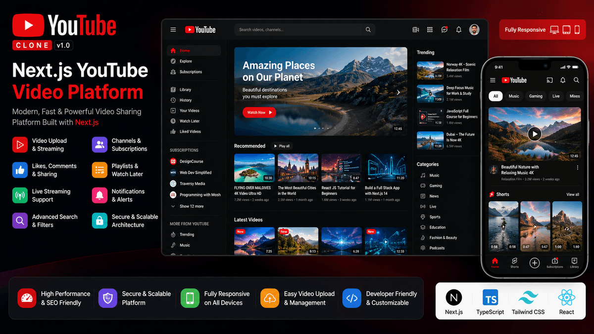 YouTube Clone – Next.js Video Sharing, Streaming & Social Media Script