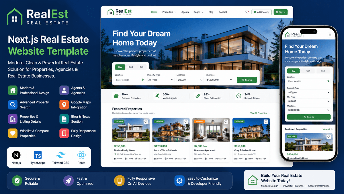 Real Estate – Next.js Property Listing, Agent & Real Estate Marketplace Script